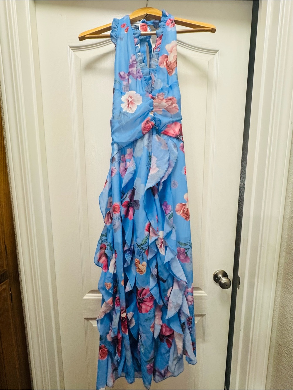 Blue Floral Maxi Dress with Ruffle Skirt